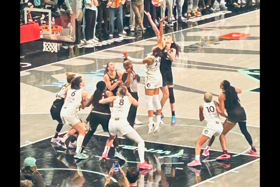 Liberty Forward Breanna Stewart wth a jump ball with 3.9 seconds left in fourth quarter.