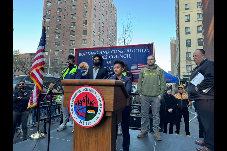 1/2 Hundreds of union construction workers rallied outside the Shirley A. Chisholm State Office Building in support of what will be New York City’s first union-built, union-financed, and union-operated building.