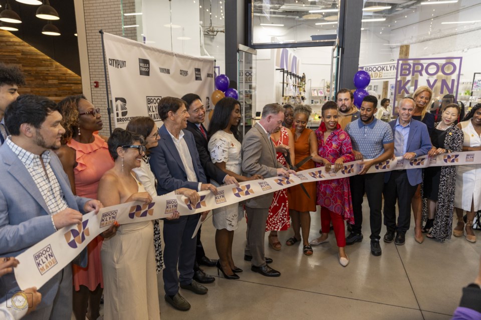 Brooklyn Chamber leaders, elected officials, and others gather for the Brooklyn Made Store City Point ribbon cutting ceremony.