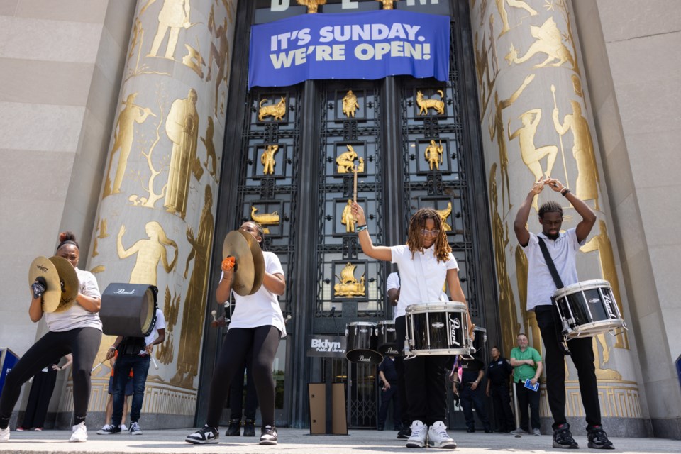 Brooklyn United Marching Band performs at the Central Branch of the Brooklyn Public Library on July 14, 2024.