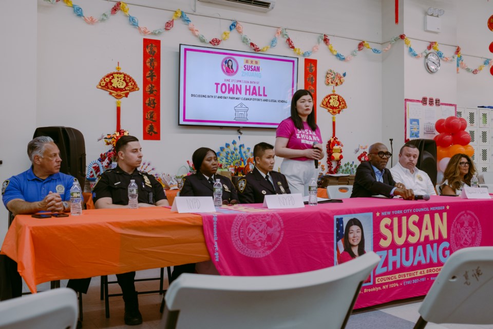 Council Member Susan Zhuang and a panel of local officials at a Town Hall meeting on 86th Street on June 27, 2024.