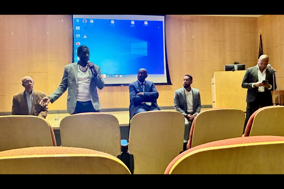 Speakers at the Discussion. (Second from L) NYC Public Advocate Jumaane Williams, former Congressman Ed Towns, Brooklyn Borough President Antonio Reynoso, moderator Kevin Powell. 