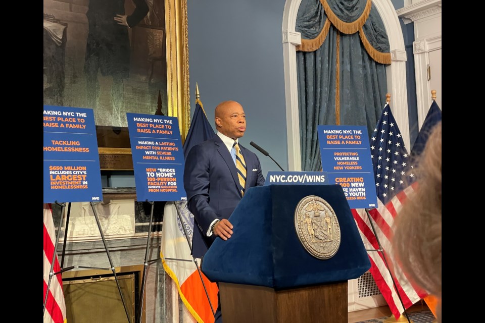 New York City Mayor Eric Adams at his weekly media presser at City Hall.