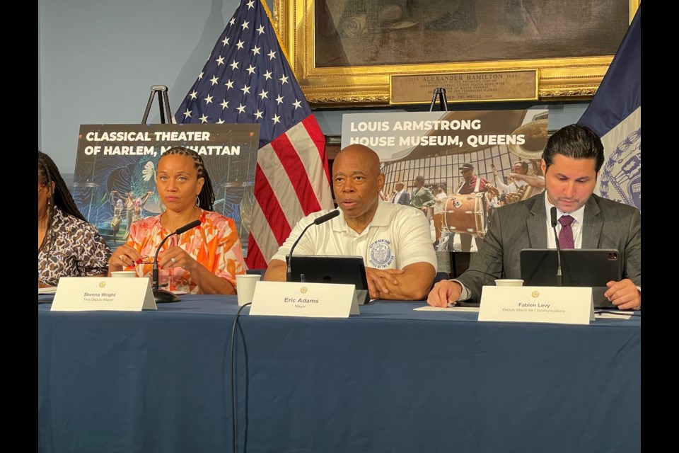 Mayor Eric Adams at the weekly mayoral presser alongside First Deputy Mayor Sheena Wright (L) and the Deputy Mayor for Communications Fabien Levy (R).