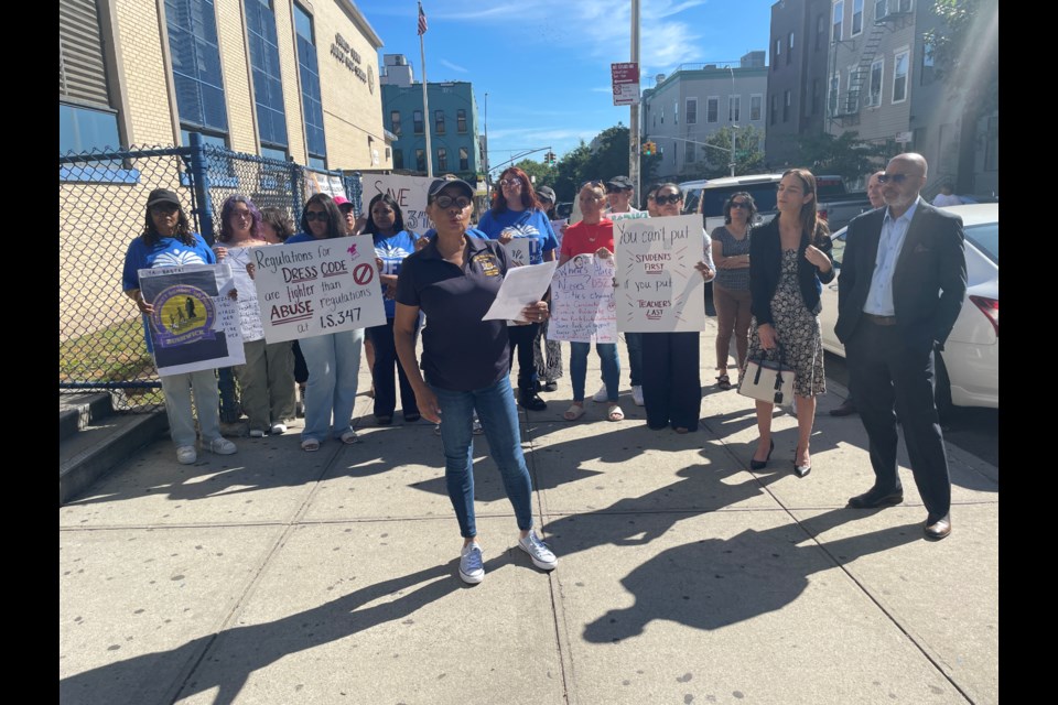 Assemblymember Martiza Davila speaks at the press conference outside I.S. 347 on June 28th.