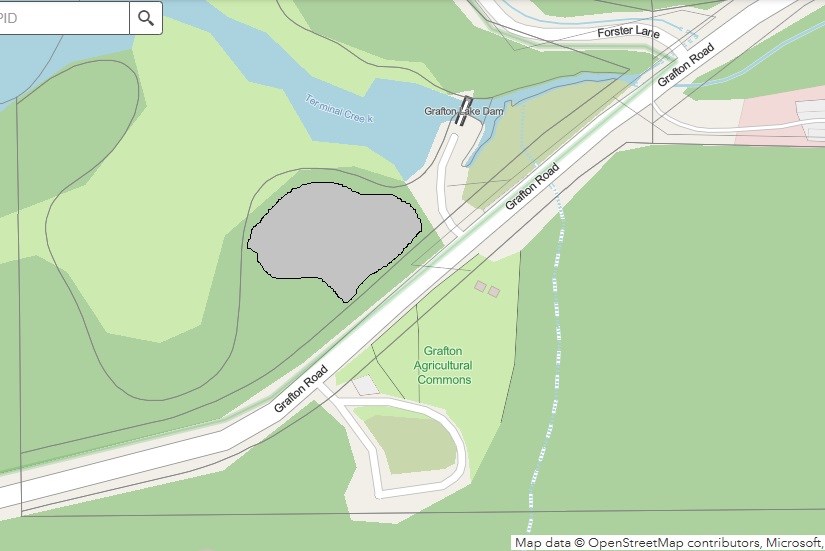 The approximate location of the parking lot (in grey) along Grafton Road.