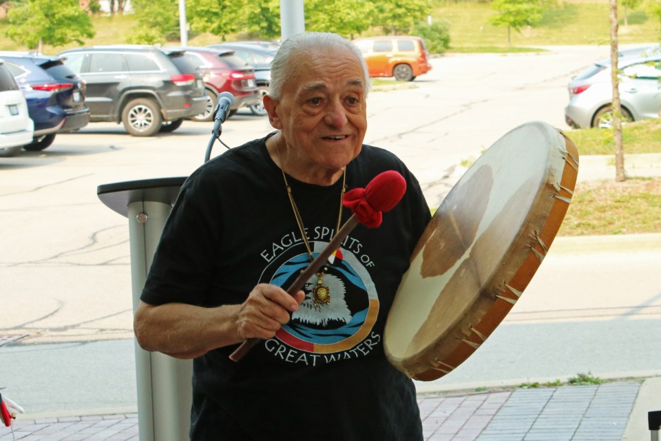 Mi’kmaw elder White Eagle performs a drum ceremony during the town’s recognition of National Indigenous Peoples Day at the BWG Leisure Centre on Wednesday, June 21, 2023.