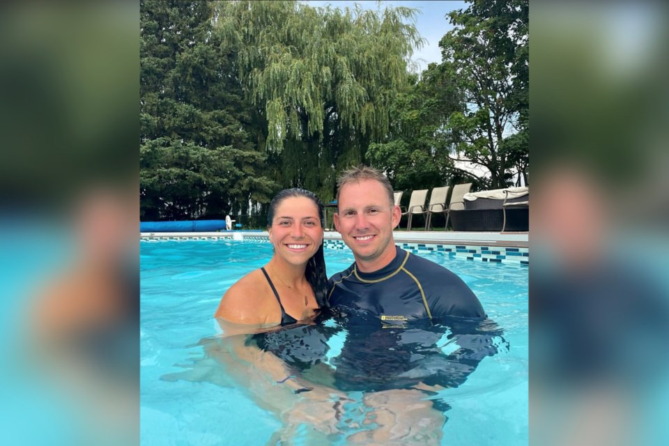 Tara Andrews and John Clark are seen in the pool at Beyond Buoyancy Aquatics in Bradford.