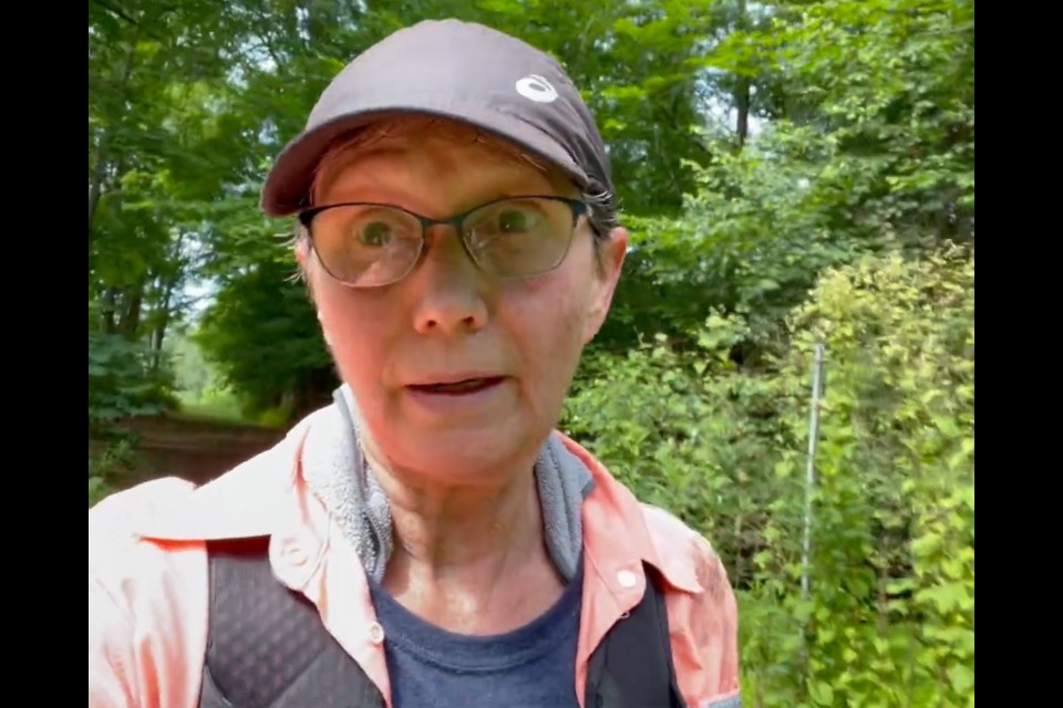 Cynthia Breadner is seen on the trail during the Limberlost Challenge at the Limberlost Forest and Wildlife Reserve near Hunstville, Ont., on Saturday, July 8, 2023.