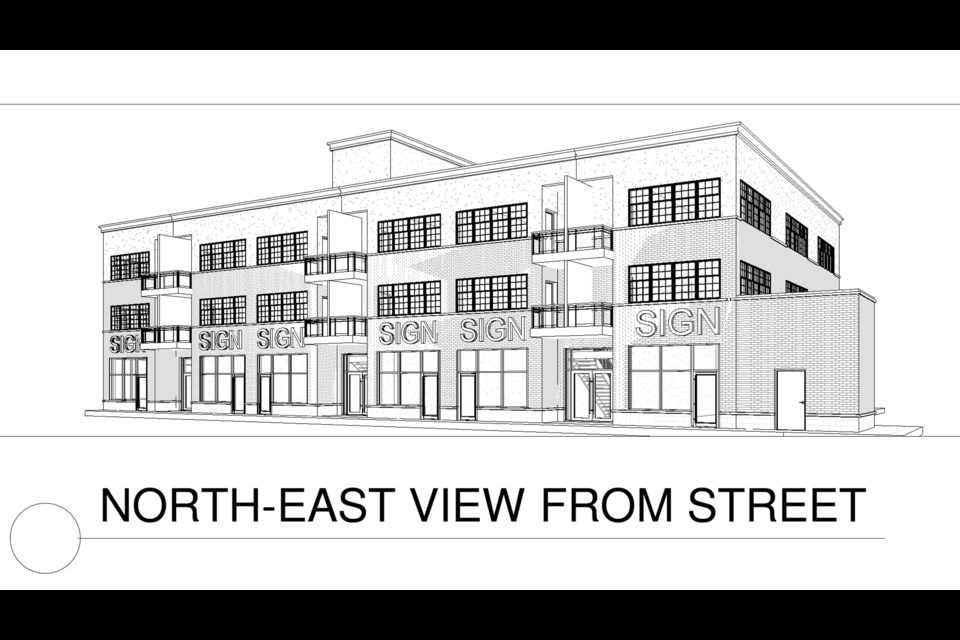 A rendering by Nestico Architect Inc. of the three-storey mixed-use building proposed for the property on Line 6 west of Simcoe Road known as Block 404, Plan 51M-1063.