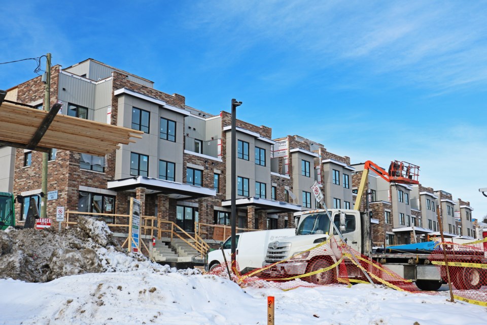 Townhouses near the Bradford GO station are seen under construction in January, as part of the development by Cachet Homes at 200 Dissette St. 