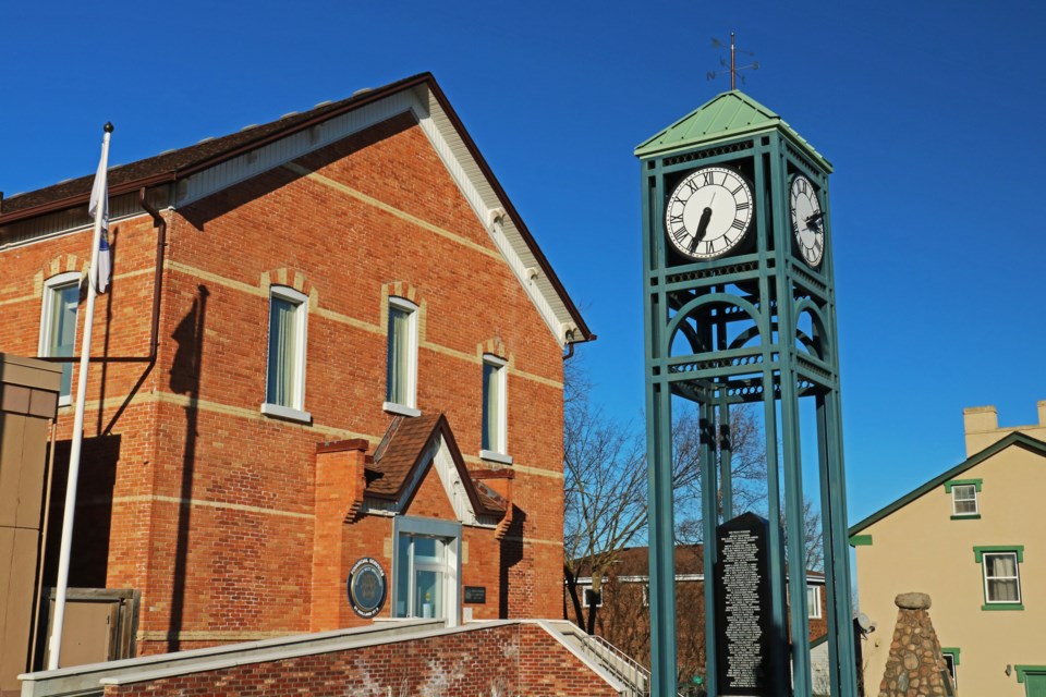 The clock tower and financial services building are seen at 61 Holland St. E. in Bradford on Tuesday, Feb. 6, 2024.