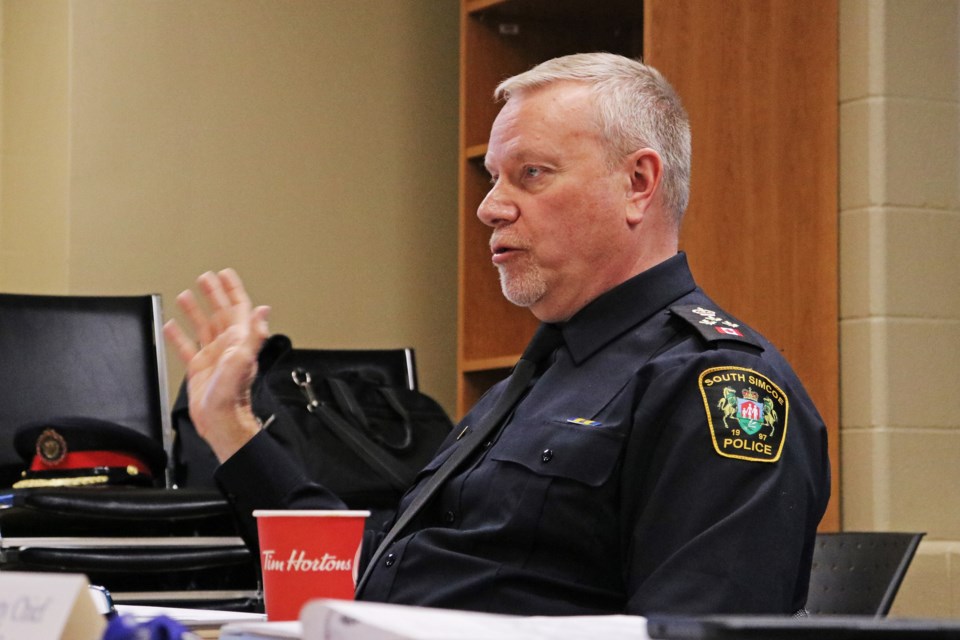 South Simcoe Police Service Chief John Van Dyke speaks during the police services board meeting at the South Division building in Bradford on Wednesday, Feb. 14.