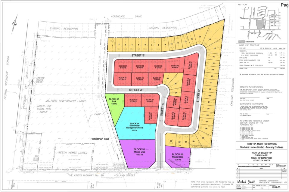 A diagram shows the proposed layout of a new subdivision near the corner of Holland Street West and Professor Day Drive showing townhouses in red, semi-detached houses in yellow, parkland in green, a stormwater pond in blue and mixed-use in purple, and was included as part of the agenda for the special meeting of council at the Bradford West Gwillimbury Public Library on Tuesday, Feb. 27.