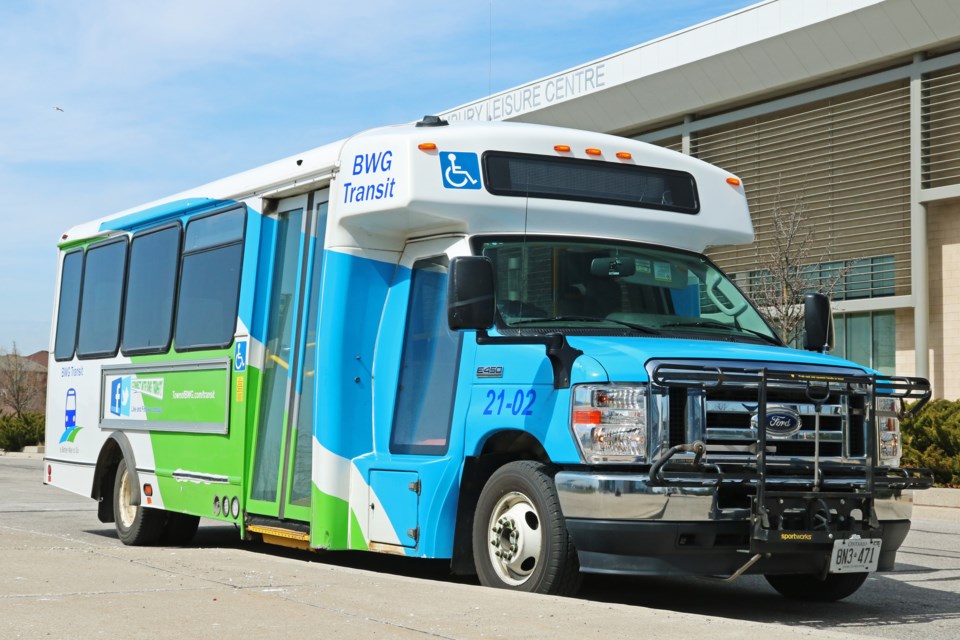 A BWG Transit bus is seen parked along Brian Collier Way between the library and leisure centre on Tuesday, April 9.