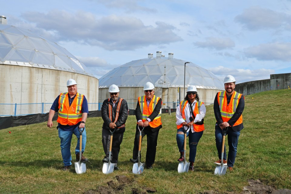 From left: Ward 3 Coun. Ben Verkaik, Deputy Mayor Raj Sandhu, Mayor James Leduc, Ward 1 Coun. Cheraldean Duhaney and Ward 2 Coun. Jonathan Scott joined in a groundbreaking ceremony of Bradford’s new wastewater sludge thickener at the wastewater pollution control plant at 225 Dissette St. on April 10.