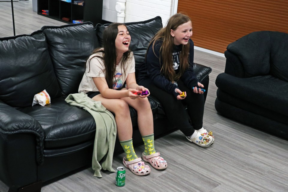 Avery Sit, left, and Samantha Martin quickly set about the task of trying to unlock new characters in Super Smash Bros. during the grand opening of the BWG Youth Recreation Centre at 226 Colborne St. on Wednesday afternoon, May 1.