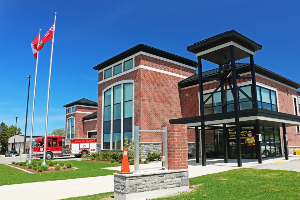 A fire engine is driven out of Bradford West Gwillimbury Fire and Emergency Services Fire Station No. 1 at 77 Melbourne Dr. on May 7.