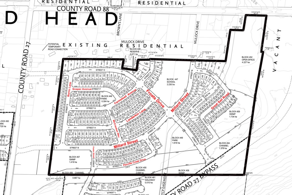 A diagram shows the requested names for new streets in the proposed Bond Head South subdivision and was included as part of the agenda for the regular council meeting on Tuesday, May 21.