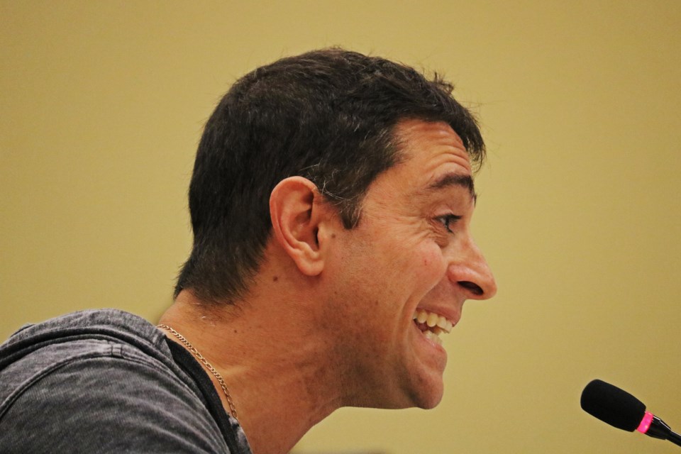 Steve Antonarakis speaks during a public meeting about proposed changes to Bradford’s zoning bylaw for accessory dwelling units, in the Bradford West Gwillimbury Public Library on Tuesday evening, May 28.