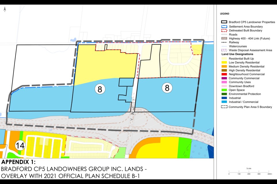 A diagram shows the low-density residential (yellow) and commercial/industrial (blue) designations for lands in Special Policy Area 8, east and west of Yonge Street between Line 9 and the Bradford Bypass in Bradford, and was included in the council agenda for June 18.