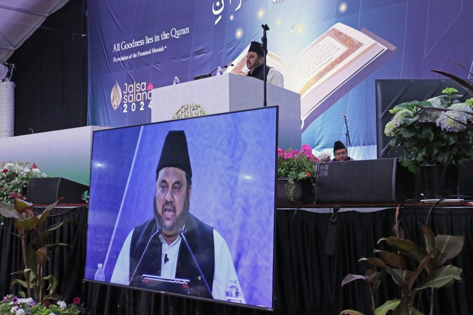 Sohail Mubarak Sharma, vice-president of Ahmadiyya Muslim Jama’at Canada, speaks to crowd of hundreds during the 46th annual Jalsa Salana conference at Hadiqa Ahmad in Bradford on Friday.