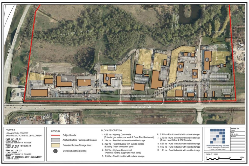 A diagram shows the planned layout for Trisan’s industrial development north east of Highway 9 and County Road 27 in both Bradford and New Tecumseth and was included in the agenda for the Aug. 6, 2024 meeting of Bradford council.