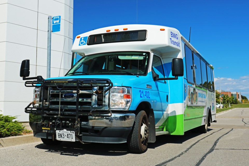 The Route 1 cross-town BWG Transit bus stops outside the BWG Leisure Centre in Bradford on Thursday afternoon, Aug. 22.