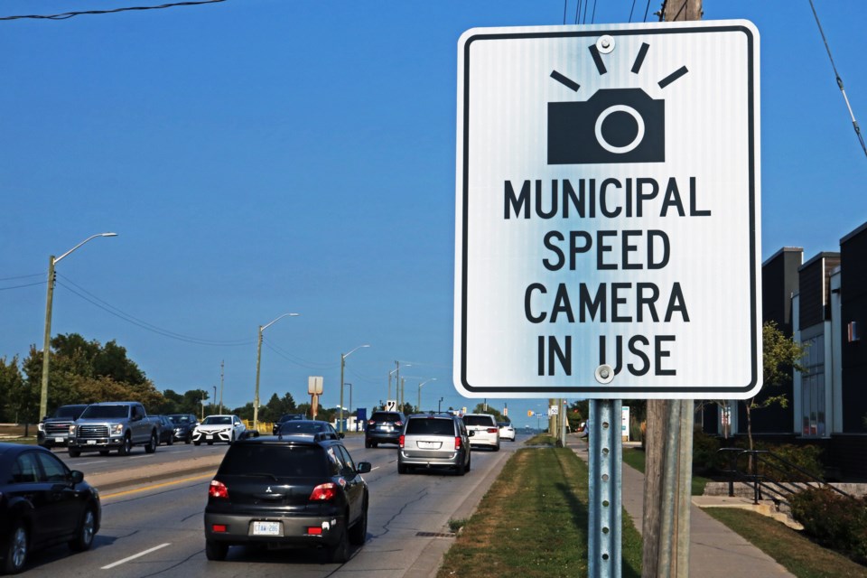 A sign warns drivers of speed cameras in Bradford on Sept. 4.