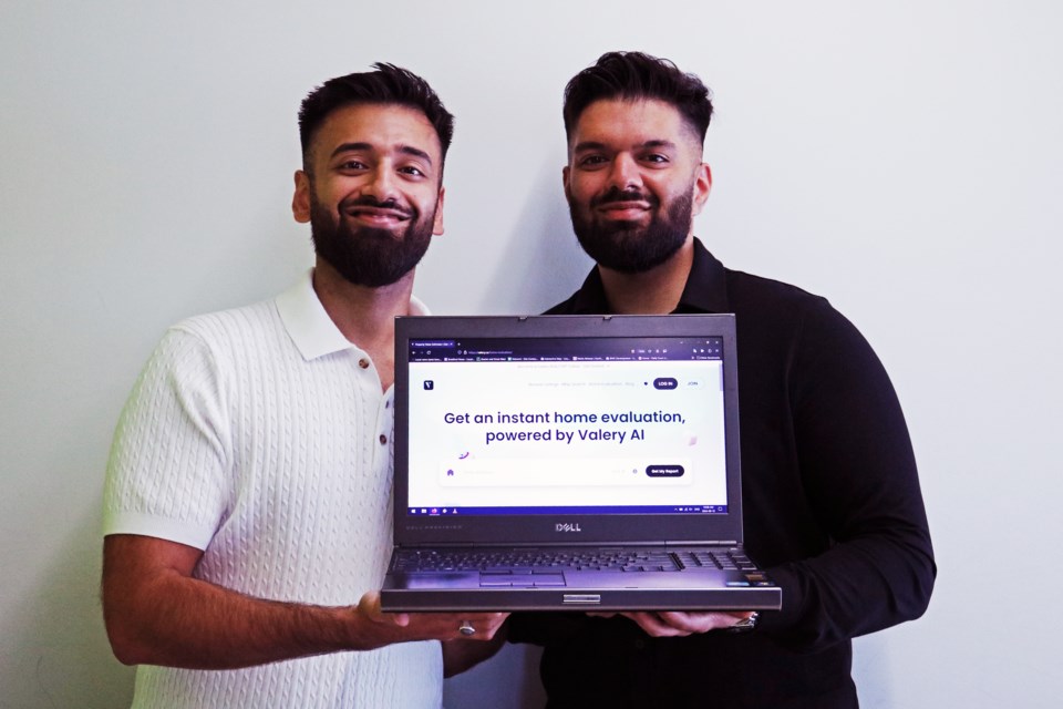 From left: Bradford brothers, Shemeer Ahmad and Anza Malik hold a laptop displaying the Valery AI platform they created to help simplify navigating the Canadian housing market.