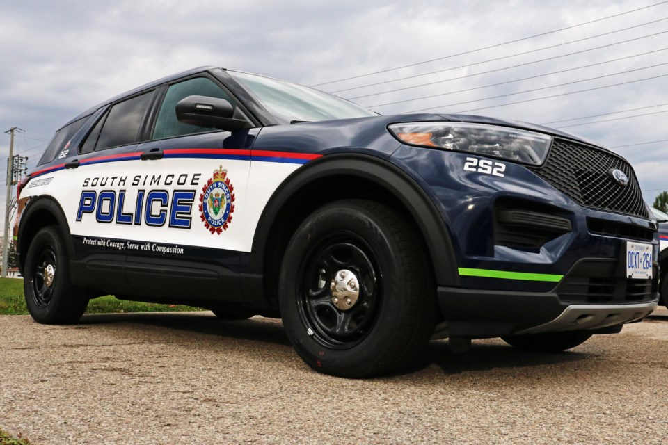 One of South Simcoe Police Service’s new hybrid 2025 Ford Police Interceptor SUVs is seen parked outside of the North Division building in Innisfil waiting for upfitting on Oct. 23.