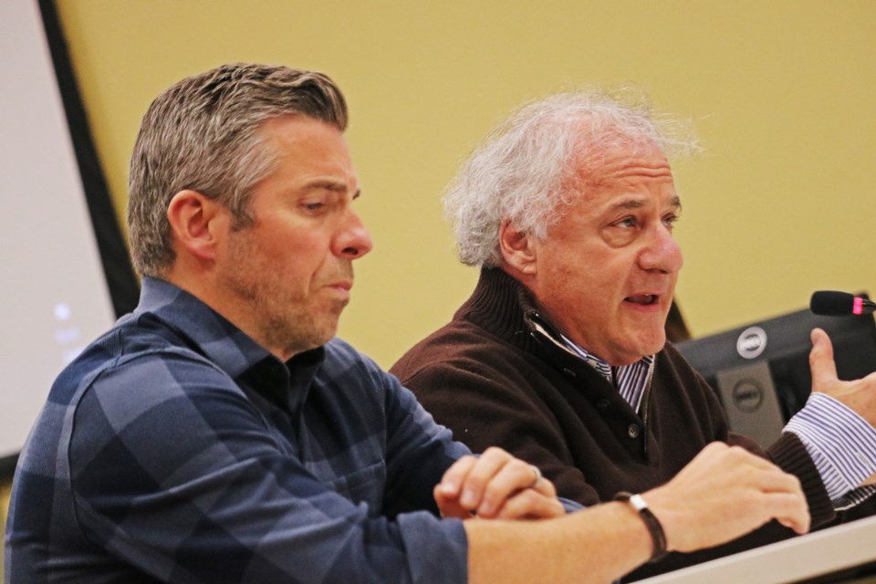 From left: Tyler Pearson listens as Randy Shiff speaks during the regular council meeting in the Bradford West Gwillimbury Public Library on Nov. 19.