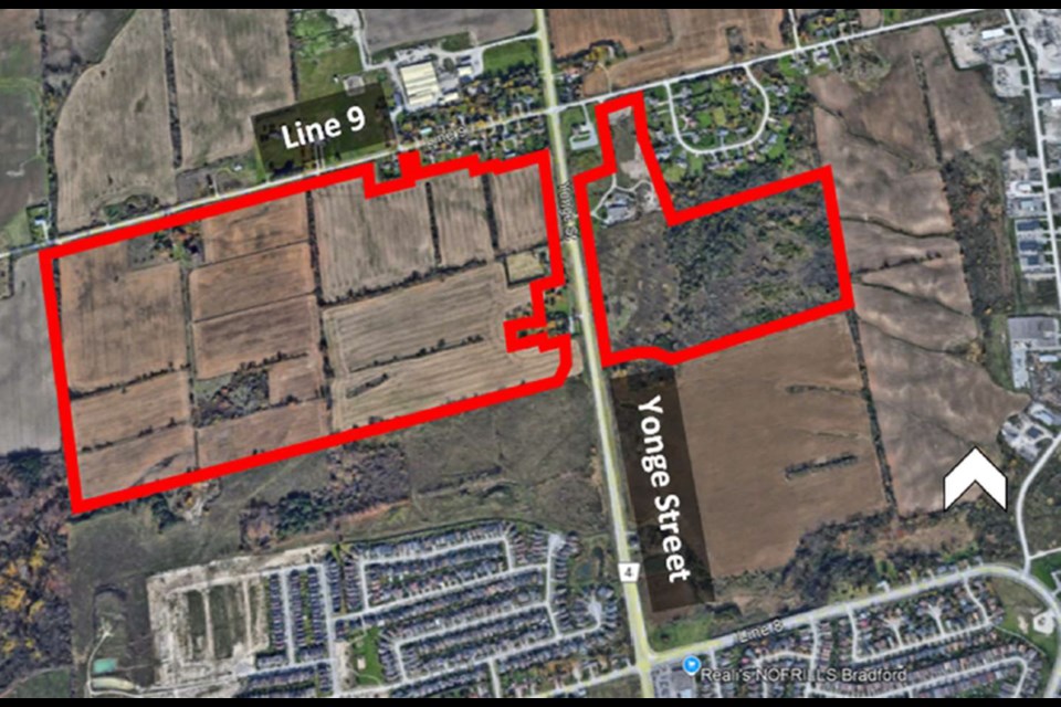 An aerial image shows the properties near Line 9 and Yonge St. in Bradford planned to be included as part of Special Policy Area 8.