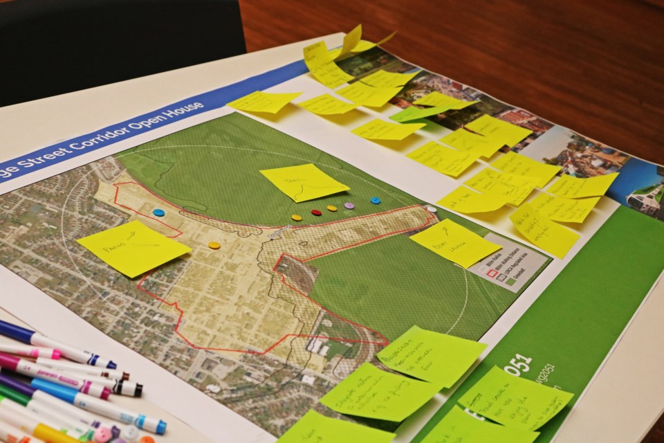 Notes containing resident feedback are stuck to a diagram of the Bradford’s proposed major transit station area during a public open house on the matter at the Bradford West Gwillimbury Public Library on Jan. 20.