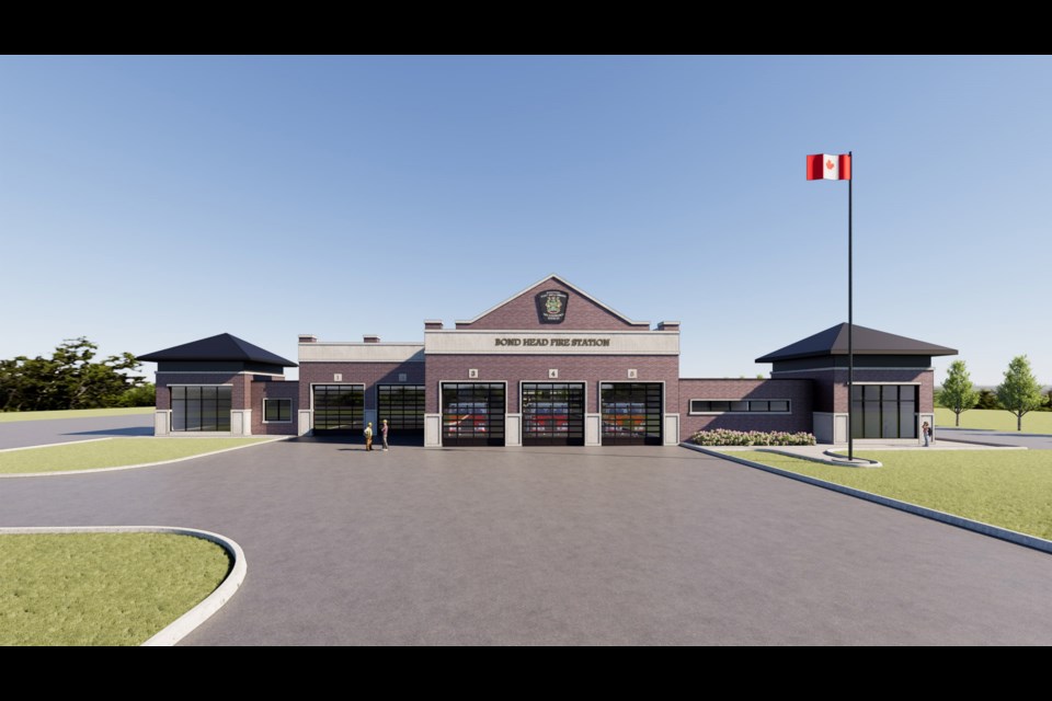 A rendering shows the preliminary design of Bradford’s proposed Fire Station No. 2 (middle and right sections) and combined public works building (left section) at 4020 County Road 88, and was included in the agenda for the strategic initiatives committee meeting on Jan. 28.