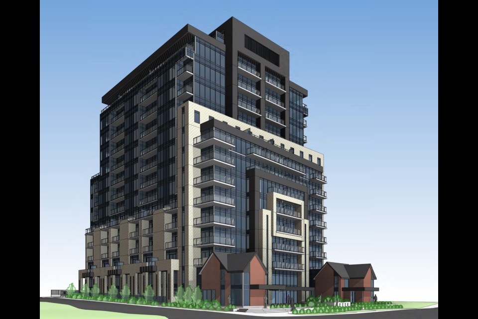 A rendering from Romanov Romanov Architects Inc. shows the 15-storey mixed-use building proposed for the northeast corner of Holland St. W. and Church St. in Bradford.