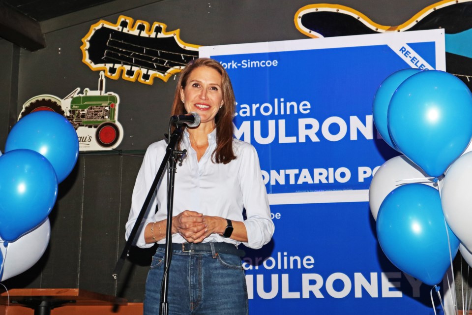 Progressive Conservative incumbent Caroline Mulroney speaks to a crowd of supporters at Lions and Sun Bar and Lounge in East Gwillimbury on Feb. 27, 2025.