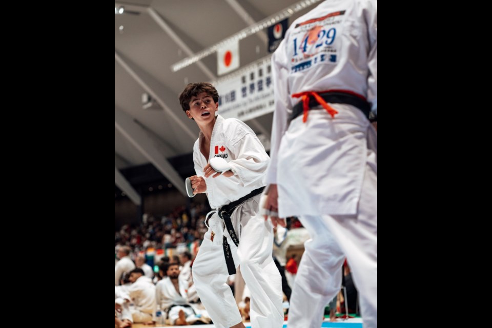 Colton Burd, on the left, made the top 22 in the world during recent karate competitions in Japan.