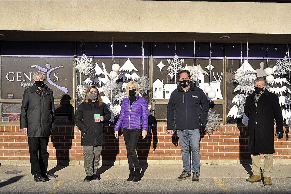 (Left-Right) Judges Mayor Rob Keffer, CAO of BBT Tricia Butler, Winner Donna Katz of Genesis Gymnastics, MP Scot Davidson, and Deputy Mayor James Leduc.   JackieKozak/BradfordToday