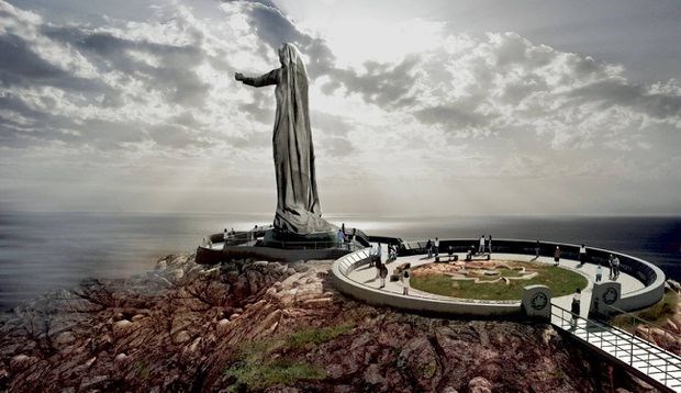 An artists drawn rendition of what the Mother Canada 'Never Forgotten National Memorial' monument-statue would look like off the coast of Cape Breton. The project was cancelled after over 2 million dollars was poured into the project. 