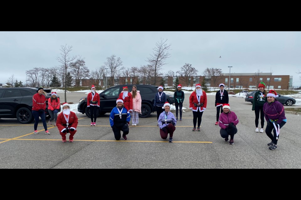 The group of friends met at the BWG Leisure Centre Saturday morning to do their 5km run for the Santa Shuffle in support of The Salvation Army. Natasha Philpott/BradfordToday