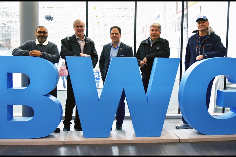 From left, Coun. Raj Sandhu, Mayor Rob Keffer, Coun. Peter Ferragine, Ron Orr and Gary Baynes, at the BWG Leisure Centre on New Year' Eve. Miriam King/Bradford Today