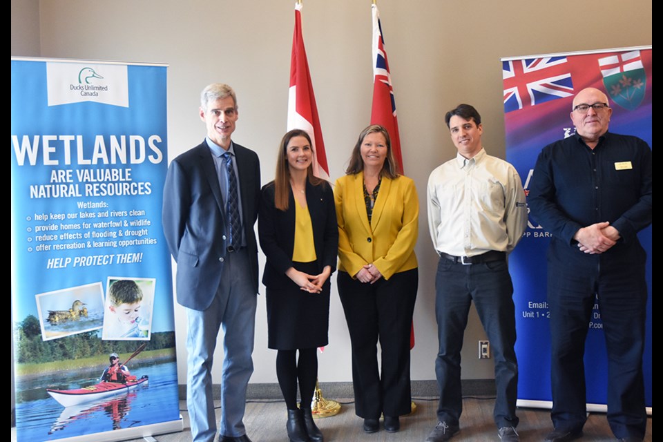 Releasing the study, 'building the case for leveraging wetlands to reduce flood risk, from left, Kevin Rich, MPP Andrea Khanjin, Mayor Lynn Dollin, Sean Rootham and Ontario Trillium Foundation's Allan Craig. Miriam King/Bradford Today