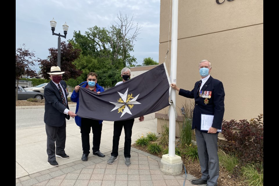 St. John Ambulance Flag Raising in Bradford with Chair of the local St. John Ambulance branch Ferguson Mobbs, Coun. Peter Dykie, Mayor Rob Keffer and St. John Ambulance Volunteer Bill Sergeant.