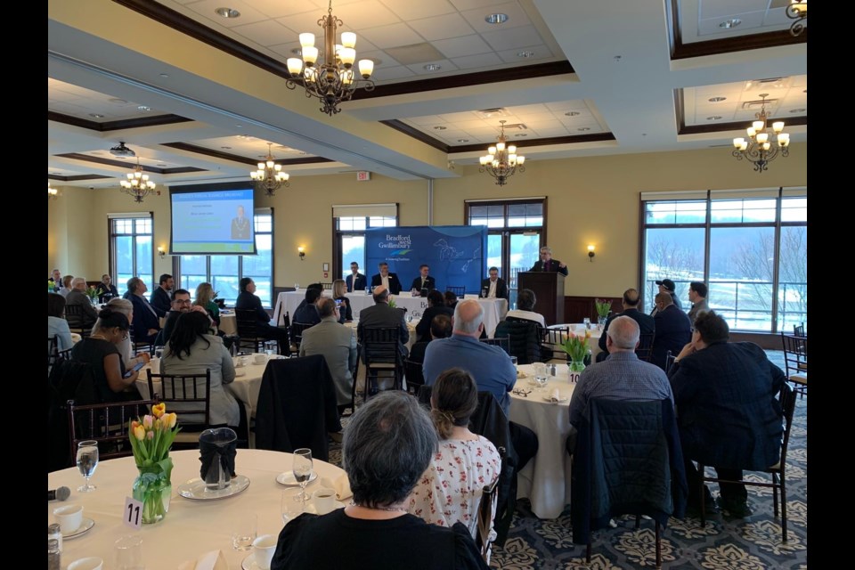 Bradford Mayor James Leduc addresses a packed house during the Annual Mayor's Business Breakfast in Bond Head on March 23, 2023. Town of Bradford West Gwillimbury photo.