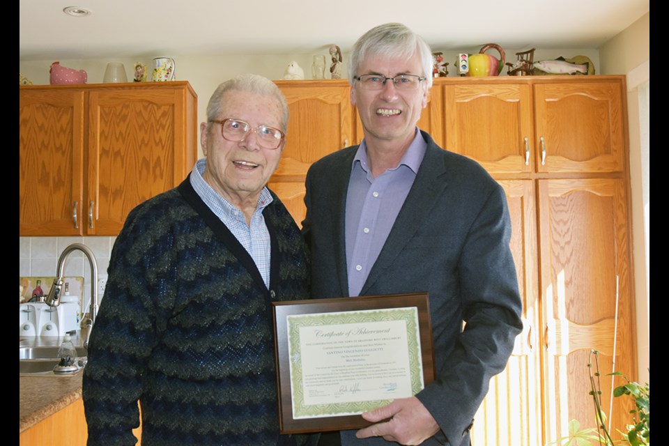 Mayor Rob Keffer, right, presents congratulations to Santino Vincenzo Guglietti on his 90th Birthday. Miriam King/Bradford Today