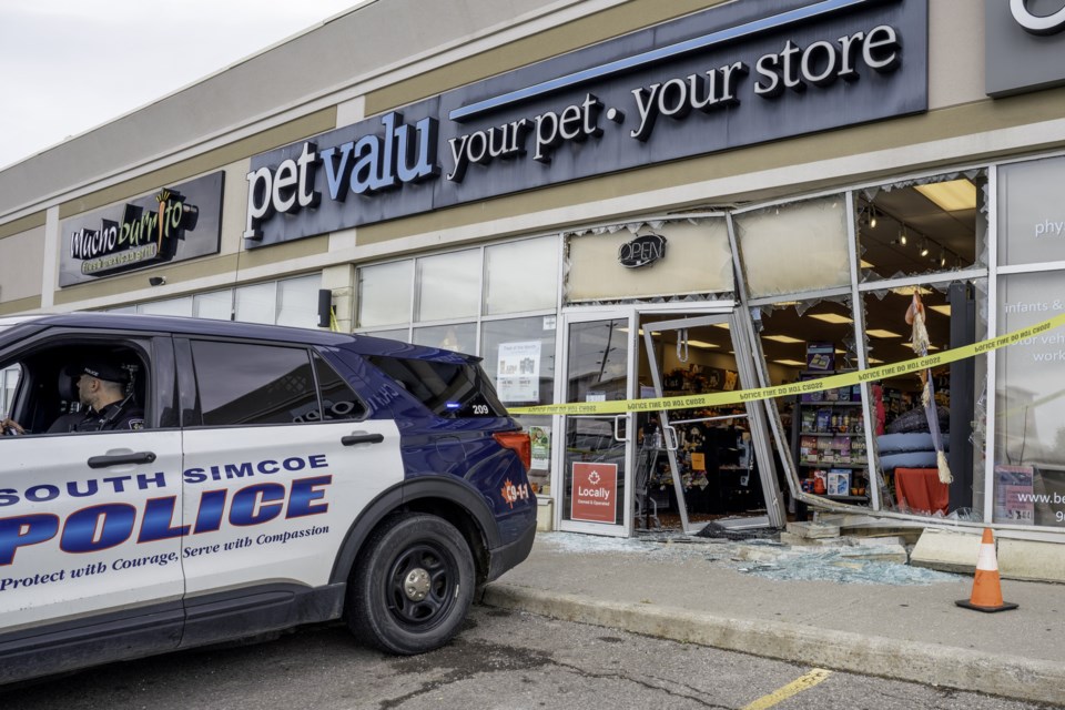 No humans or pets were injured this morning when a vehicle crashed through the front of PetValu on Holland Street West.