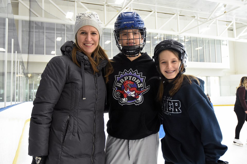 MPP Caroline Mulroney with children Pierce and Miranda, on the ice. Miriam King/Bradford Today