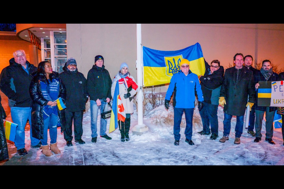 BWG Mayor James Leduc and members of council raise the Ukrainian flag on the one year anniversary of the war in Ukraine.
Paul Novosad for Bradford Today.