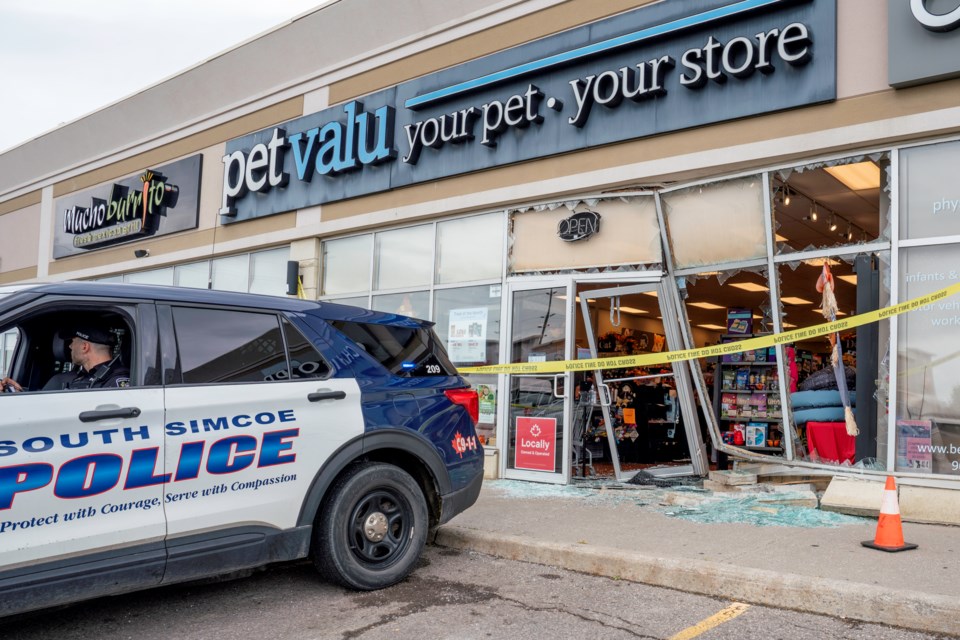 Damage can be seen to Bradford’s Pet Valu after a driver crashed a car into the front of the store at 442 Holland St. W. on Monday morning, Sept. 9, 2024.